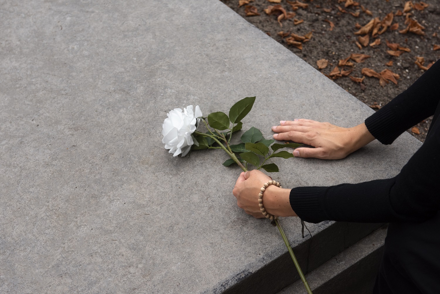 Uma imagem de mão segurando uma flor branca sobre um caixão.