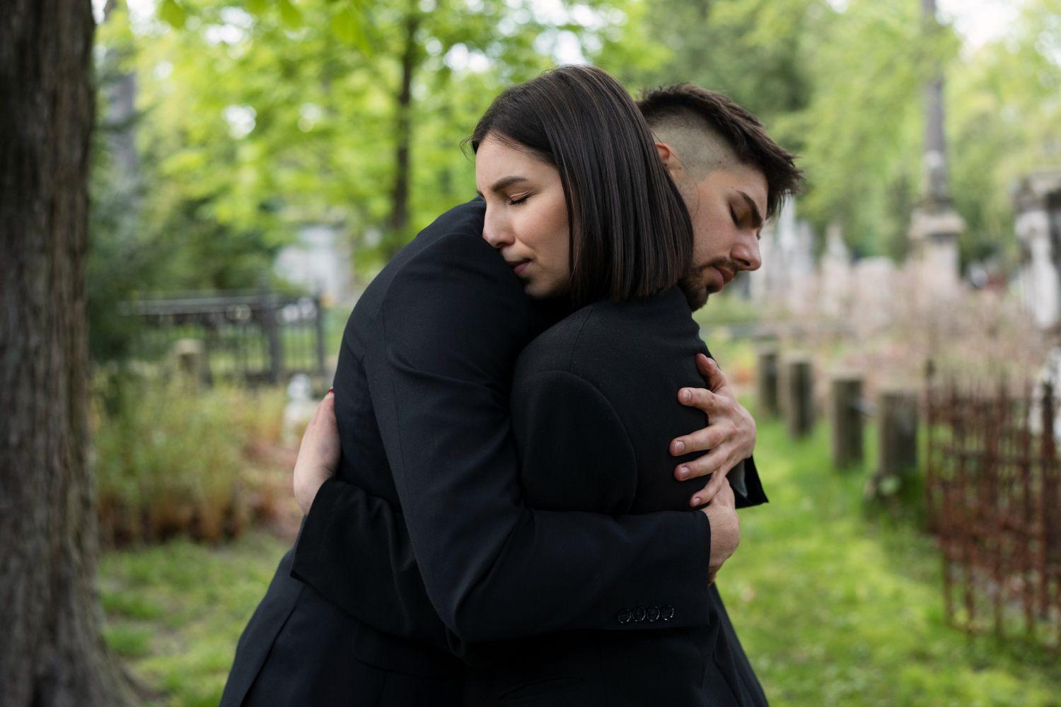 Imagem de um casal se abraçando após a morte de um ente querido