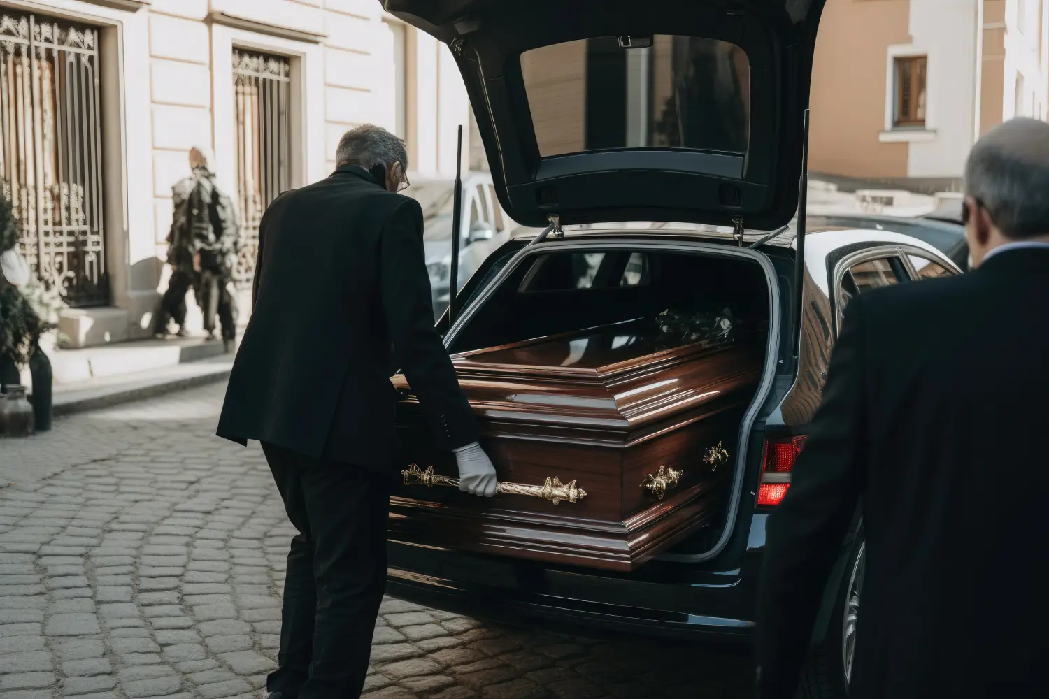 Homem de terno preto carregando um caixão em um carro funerário para realizar o translado de corpo.